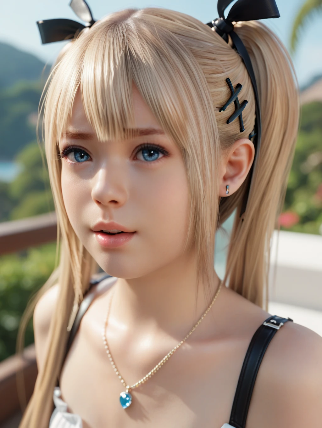 (Very detailed,Highest quality,4K,8K,High resolution,masterpiece:1.2),(Realistic,photoRealistic,photo-Realistic:1.37),Beautiful woman, Chainsaw Power, Cruciform pupil, Long Hair,Red Corner,
Beautifully detailed sweat glands,Smooth skin texture,Carefully drawn,Beautiful Eyes,
Black ,(Pink off-shoulder sweatshirt),Short denim pants,White Shoes,(humidity:1.2), Lively expressions, (Beautiful Skin),(),Sticky with sweat,In a dynamic pose,
The World of Chainsaw Man,Outdoor,garden,A place where you can see the fountain