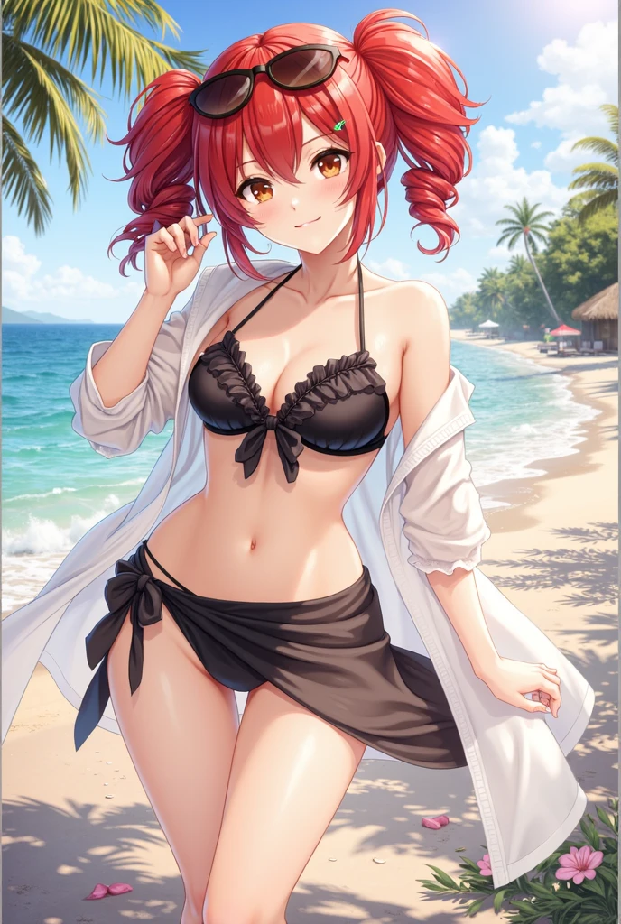 Sunsethuman, Sunset Shimmer, Sunset Shimmer from my little pony, Sunset Shimmer in the form of a girl, in orange , , orange , , pulls , big breasts, lush breasts, voluminous breasts, elastic breasts, on the bed, , wet , visible whole body, linen translucent, white sheets, sweat, wet with sweat, shin, heels, feet, , five fingers, detailed hands,  Two hair tones, red-yellow hair