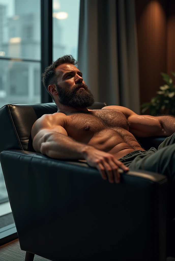 Man with an evil beard in his 40s, robust and sensual, sitting in front of a table drinking coffee and with a serious look reflecting on something serious