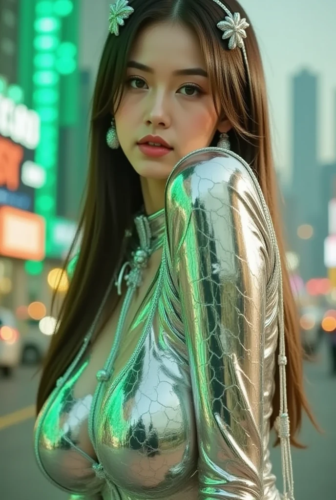 Brown hair, winking, flashy clothes, urban image, night city