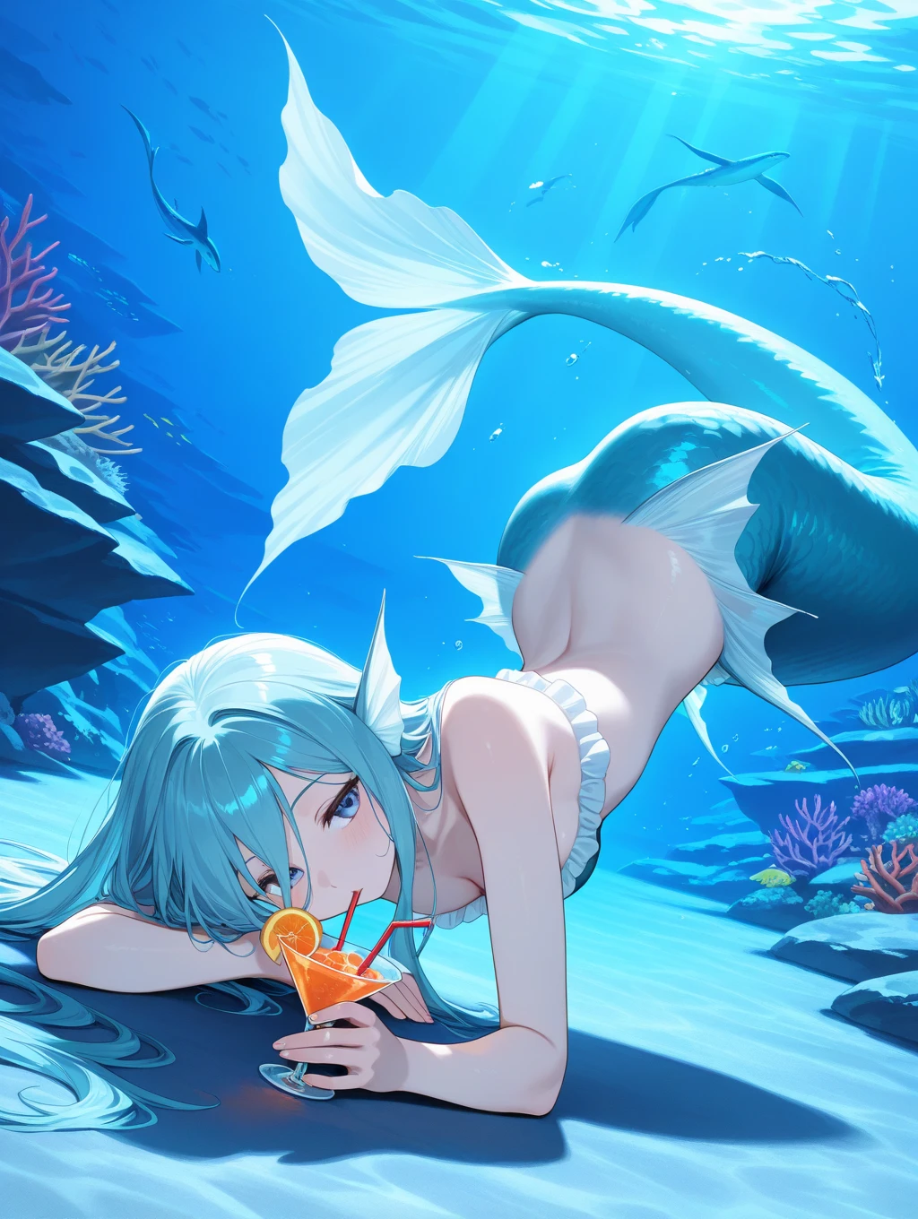 hitenkei style, claude monet, oil painting, mermaid, (()), , masterpiece, underwater, coral reefs, schooling fish, 1 girl,  , intricately detailed, navel,  shoulders, blonde hair, pearl necklace, fin hair ornaments, under sea, extremely detailed,  breasts, puffy , blue eyes,  stomach, soaked, medium breasts, arm strap, swimming, teen, soft eyes, smiling, armpit, happy, half open eyes, lusty eyes, blushing, long hair, side bangs, sleepy eyes, large , lifeless eyes