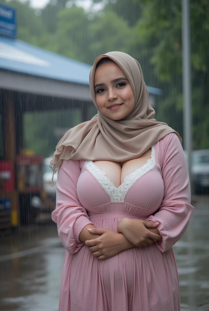 52 years Old, Indonesian Hijab milf, Droopiest gigantic mature ???? : 91.2, wearing tight Gamis, Busty body, Wet body, rainy atmosphere, heavy rain, at central park, full body, gravure Idol, Cold Situation, Dark Colour Sky
