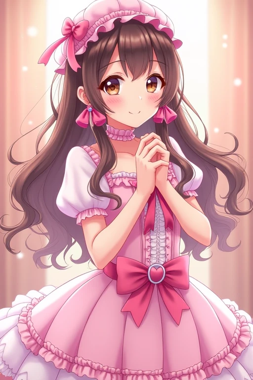 Anime girl, brown skin, thick, cute, long curly brown hair with bangs, brown eyes, pastel coquette dress aesthetic

