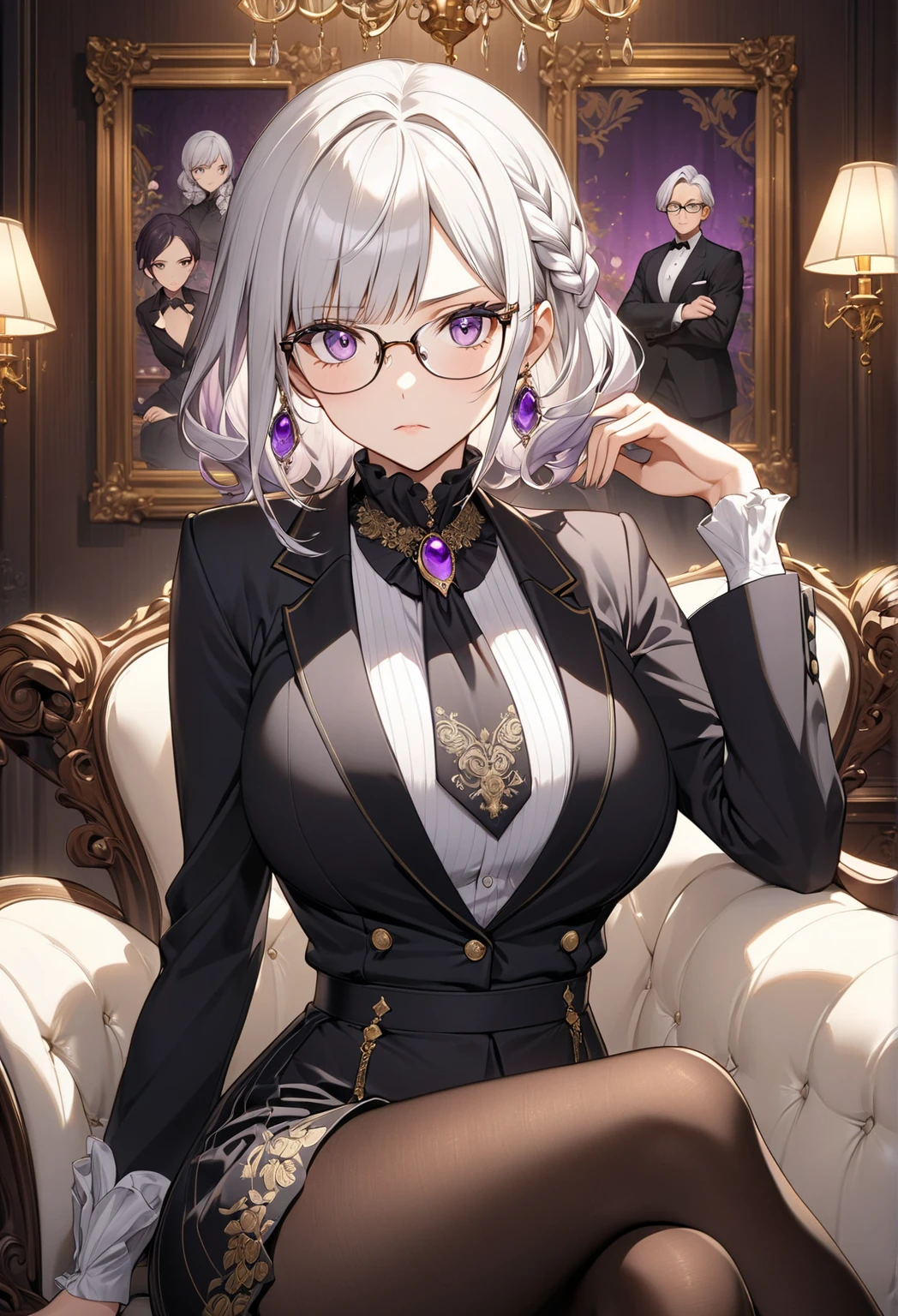 8k, masterpiece, best quality, highly detailed, 1 girl, tiefling, warlock, multicolored hair, very short straight hair green highlight hair on white hair, strippled hair, wearing glasses, round glasses, earrings, long dress with side cut, lace dress, red eyeshadow, long eyelashes,navel piercing, blushed cheek, necklace, collarbone, high heels, mole, glamorous, purple and teal clothing, villainy, smirk,  face, close up view, rings, looking at viewer, standing, demon horns, solo, hand touching cheek, school, black lace gloves, holding book, sensei, .