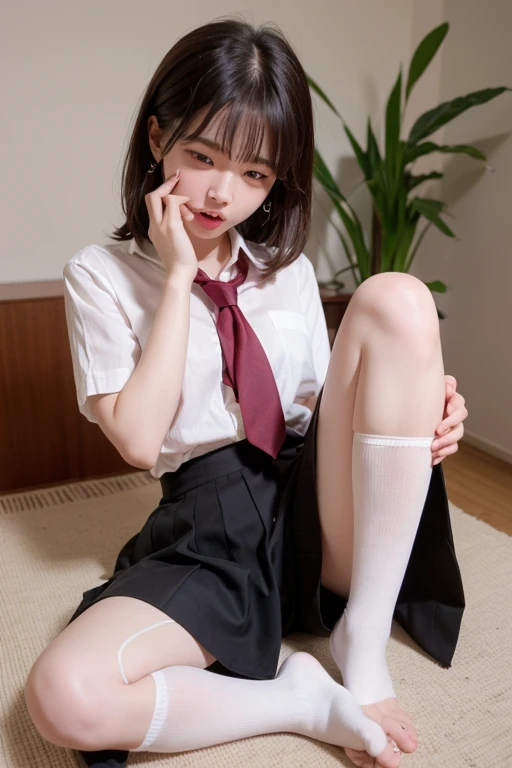 (((alone))),(((1 Girl))), beautiful, shape, Highly detailed skin, masterpiece, Highest quality, Highly detailed face, Vibrant colors, Written boundary depth, Cinema Lighting,, One Girl, alone, Brown eyes, Brown Hair, hair ornaments,Long Hair,Green Check Skirt,, White shirt, ,masterpiece Highest quality 高解像度、, Long Hair, Sit with your knees bent、eight-headed body、beautiful足 、On campus、As if looking up from below、Embarrassing,Browsing Caution,White panties,Camel Toe