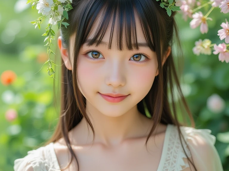 (Masterpiece, BestQuality:1.3), (ultra detailed:1.2), (hyperrealistic:1.3), (RAW photo:1.2),High detail RAW color photo, professional photograph, (Photorealistic:1.4), (realistic:1.4), ,professional lighting, (japanese), beautiful face, (realistic face), cute woman, (Big :1.5), (cheerful Smile:1.5), Trending Hair&Trending Hairカラーをランダムに, earrings, necklace, bracelet, sexly,  sexly, Random  gravure poses, (A beautiful brown-haired woman wearing a green camisole、She is smiling and posing  while taking photos in a field of rapeseed flowers.。:1.3)