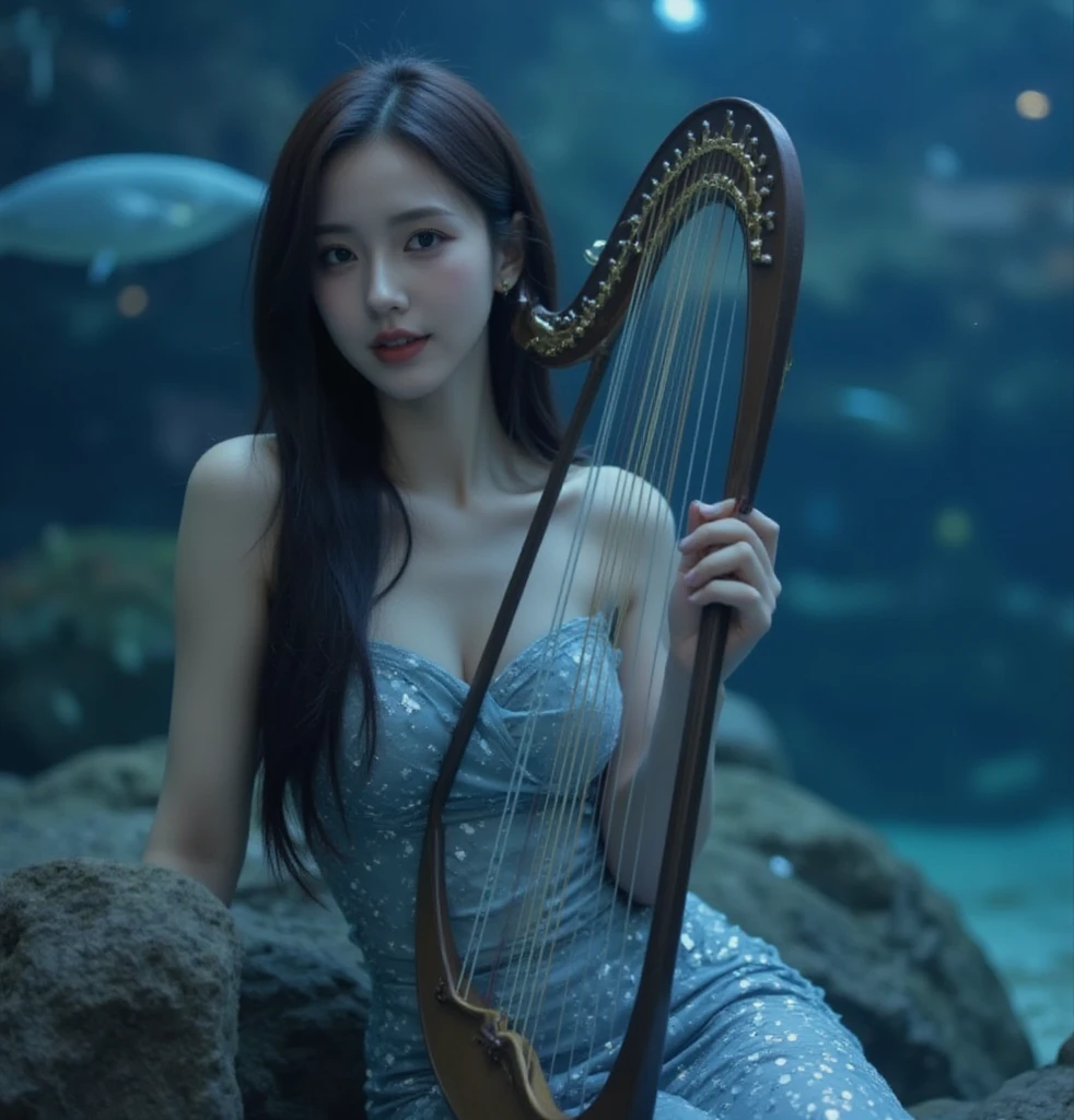 A beautiful Japanese girl is depicted in a vertical, ultra-realistic illustration, playing an electric guitar underwater. She wears a thin, translucent dress that flows gracefully in the water, emphasizing her delicate and ethereal presence. Her hair, styled in twin tails, floats freely around her, adding a dynamic sense of movement.

The background features an underwater scene with shimmering light filtering through the surface, illuminating schools of fish swimming around her. The artist employs digital painting techniques to create high detail, especially in the textures of the dress, guitar, and underwater environment. The lighting and reflections are meticulously rendered, capturing the surreal and magical ambiance of the scene. The use of vibrant blues and subtle highlights enhances the overall sense of depth and realism.
