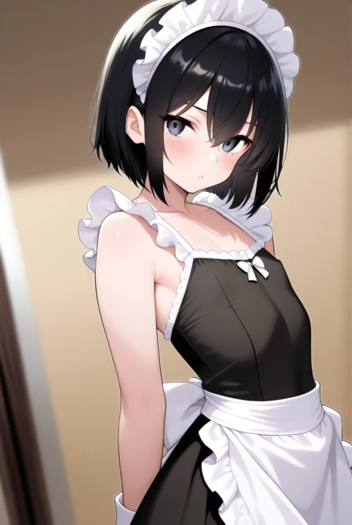 High resolution,(masterpiece),High precision,1.7,Young body shape,Black Hair,Flat , (masterpiece), woman,Maid clothes, Small ,Natural light, Realistic, Diffuse Light, skinny, vapor, (Please lift your skirt), (), With a smile.garter belt,Enamel stockings, long ,,See-through ,  gestures,Frill apron