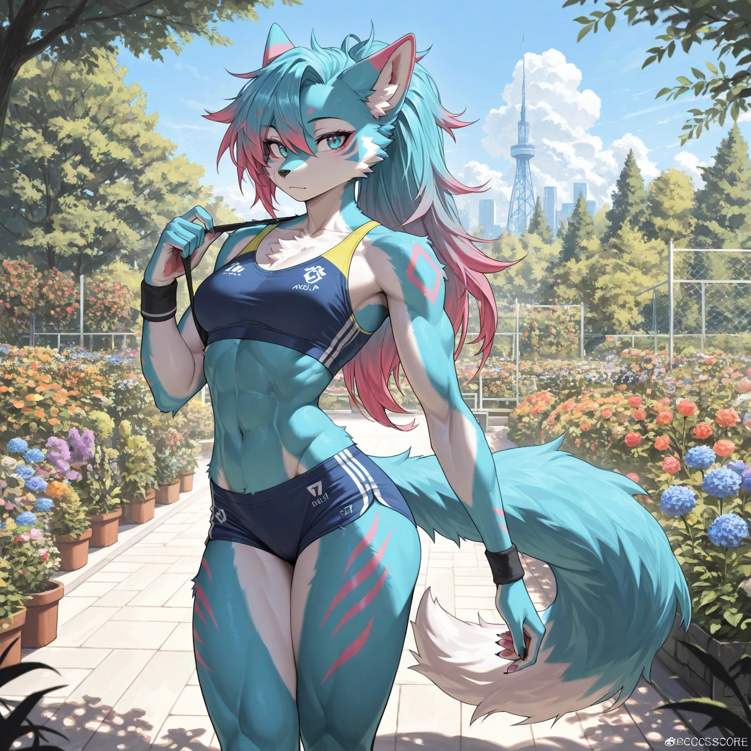 (Masterpiece) (High Detail) (High Res) A close up of a short humanoid girl with pale human skin and blue eyes and long blue hair and blue dog ears and a fluffy blue dog tail and average breasts. She is stood in a park wearing a rainbow sequin bikini top and a rainbow pair of shorts. She has her hands behind her back out of shot. She has blushing cheeks. There is a pride parade with rainbow flags and rainbow clothes all around. 