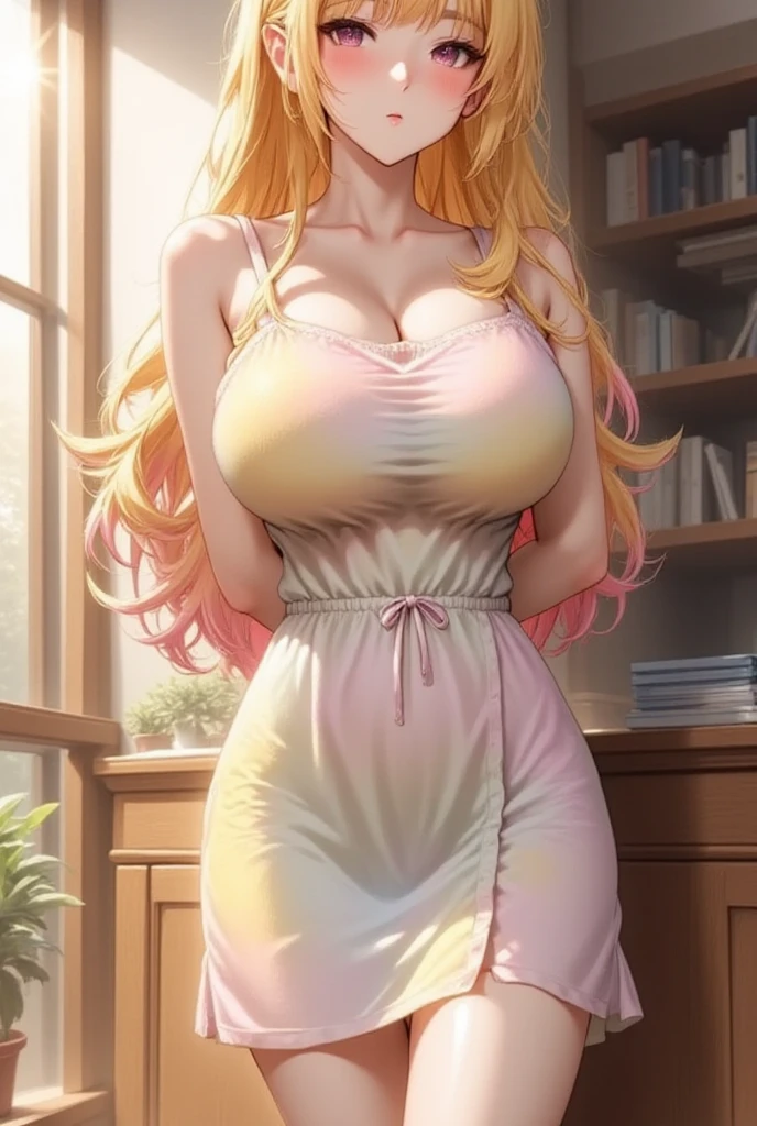 An extremely beautiful stunning busty woman, with gold blonde long silky hair, big blue eyes, extremely super bright snow white fair stunning flawless glowing lush shiny flawless white skin, a perfect tight hourglass figure, and a skinny waist, sexy thick smooth luscious legs and thighs, extremely cute smile on the face, bright pink blushes on cheeks, wearing a short sexy tight revealing white G string-bikini with threads, yellow heels, gold necklace on the neck, gold anklets on feet, gold chain on the waist, standing straight, holding a red roses bouquet, beach in the background, show full body from head to feet.
