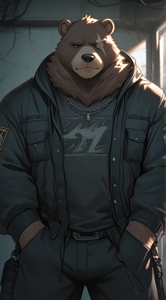 (masterpiece:1.2), best quality,pixiv,official art,perfect , (Ray tracing, light),solo, (1_male:1.3) , (muscle), (grey fur:1.4), (muscle bear), (beard:1.2), (gleaming golden eyes), bear tail, Thick eyebrows, open hoodie, ( inside:1.2), cargo pants, (boots:1.2), (pure white background: 1.3)