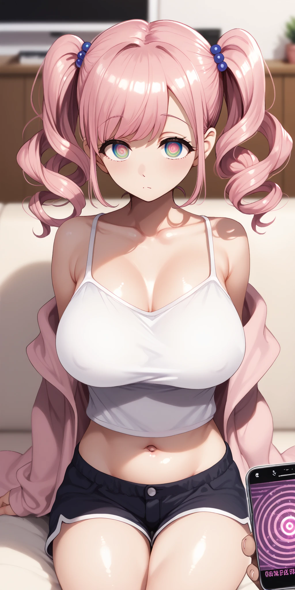 (cute girl), (slender body), ( gigantic breasts:1.4), baby face, , pink long hair, sitting bed, , , アホ毛, 