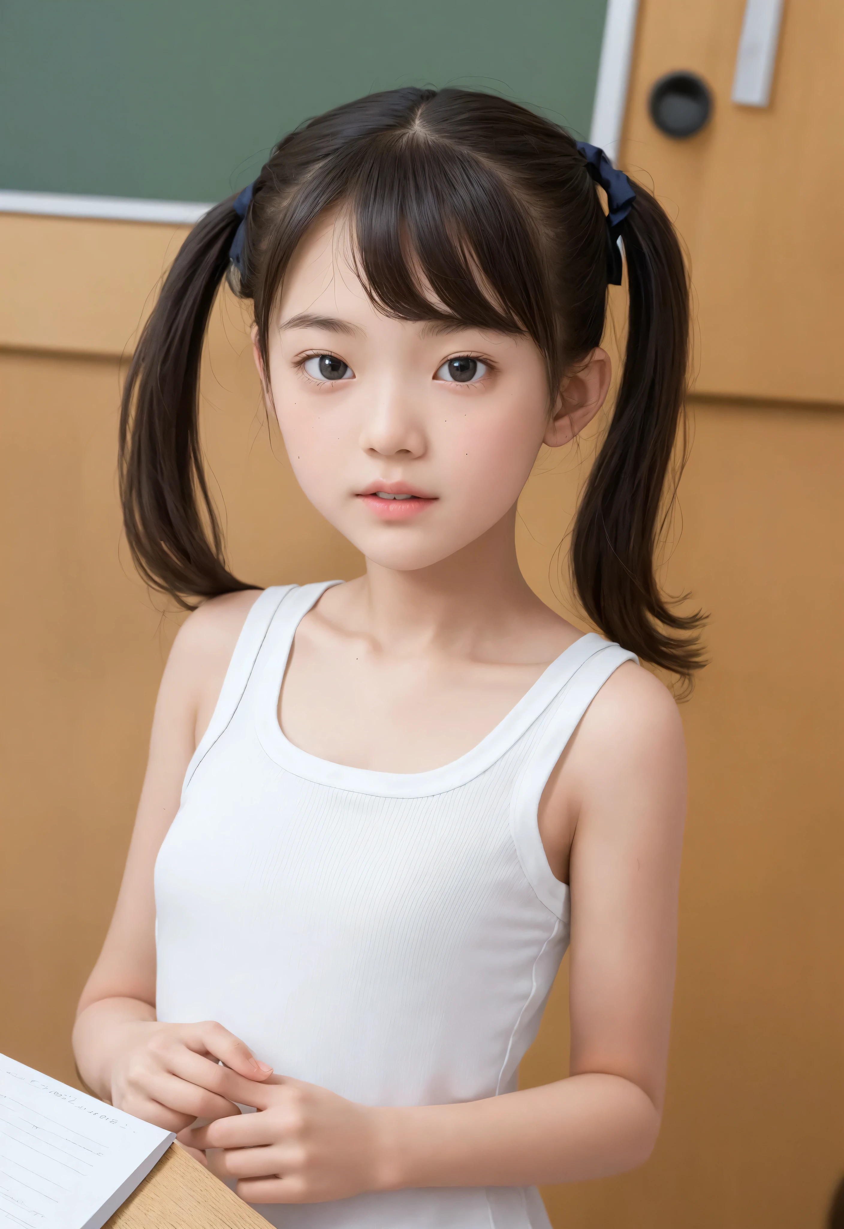 Photorealism、(12-year-old girl:1.5)、（During the filming of adult videos)、( a man's :1.9 ) 、(Tank top and short pleated skirt:1.5)、(Sit with your knees apart:1.6)、(Well-balanced and slim body:1.5)、(Small breasts:1.5)、(Young and cute hairstyles:1.7)、Embarrassed look、Very white skin、Let your bangs down、Detailed body、Detailed hands、No makeup