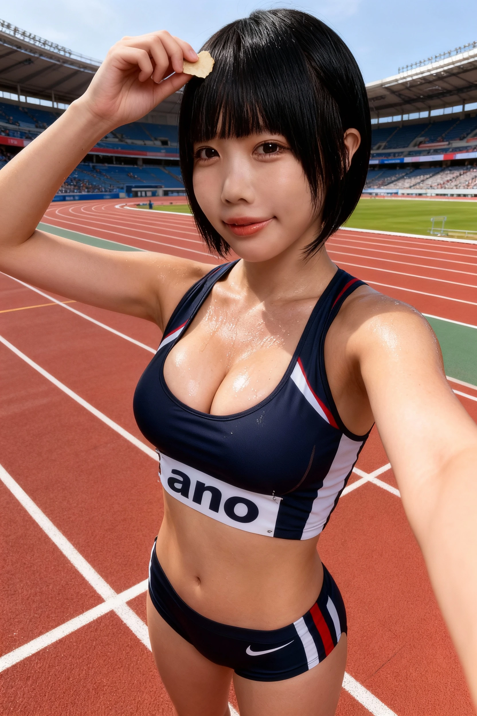 one girl, (a beauty girl, delicate girl:1.3), (16 years old:1.3),oily skin,Slender,dynamic pose,White shirt,Sweaty,marathon,running,Sprint, break,(????:1.5),((????,???????????,exposure ??????,??????????,??????????,??????,Small ??????,embarrassed)), break, very fine eyes,???????????,(full body shot), (symmetrical eyes:1.3),(navel), break, (city), perfectly trimmed fingers, break, (small ???????), brown eyes, parted bangs, brown hair, break, (eyes and faces with detailed:1.0), break, (masterpiece, best quality, ultra detailed, detailed face, 8k),At the track and field stadium