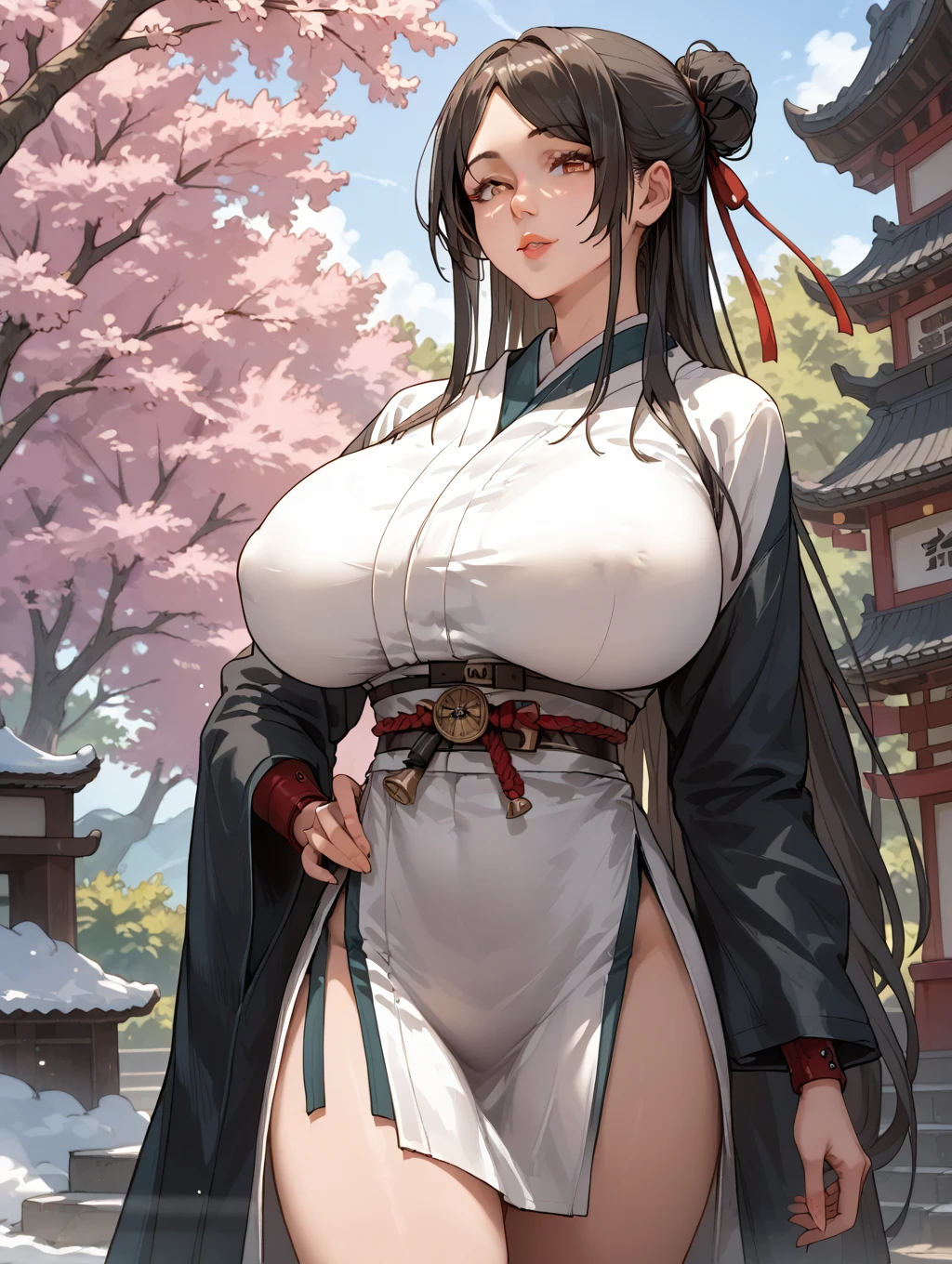{{{masterpiece}}}, {{{best quality}}}, {{ultra-detailed}}, {cinematic lighting}, {illustration}, {beautifuly detailed eyes}, {1girl}, extremely detailed, 1girl, solo,  A beautiful samurai warrior, black straight hair, wearing white and black kimono, warrior, serious, brown eyes, huge breasts, hourglass figure, facing viewer, outdoors, woodland background, highly detailed face and clothing, slightly narrow eyes, perfect face, fair skin, hair bangs, long hair, cowboy shot, noble beautiful, traditional Japanese clothing, samurai woman, side view , very very huge breasts  straight side view clear outside