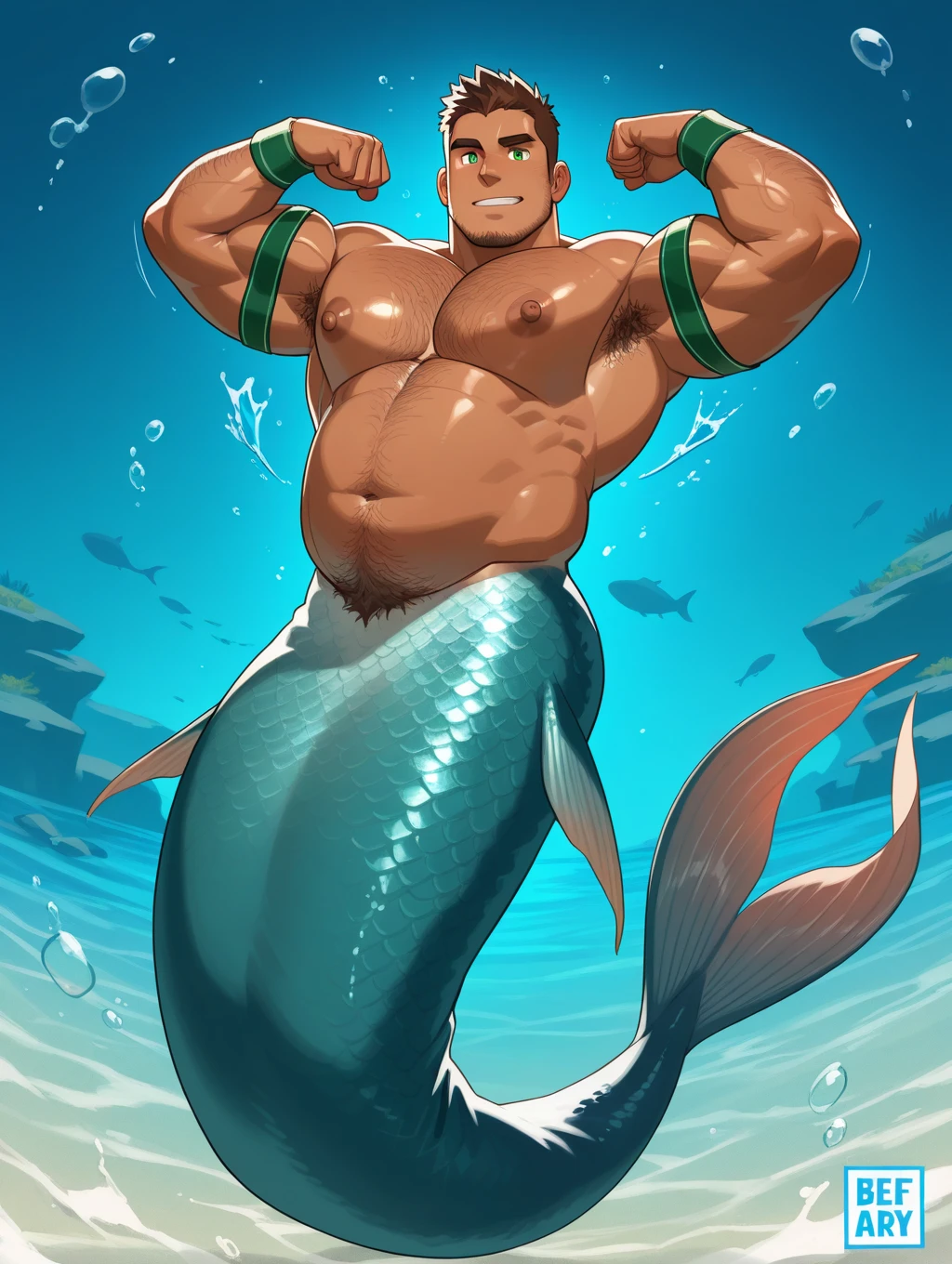 Male ugly fat platinum blonde with a pot belly with a big  in the water, , flexing 2 biceps 