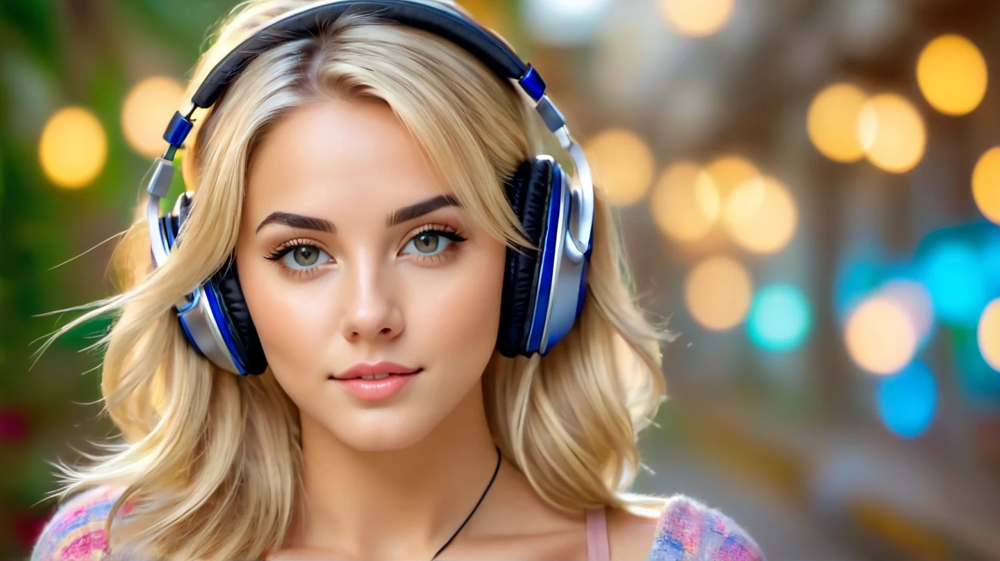Beautiful blonde with  in a black T-shirt (Sitting in tears in the dark ruins),Wearing headphones,Very detailed, 21 years old, Innocent face, Naturally Wavy Hair, blue eyes, High resolution, masterpiece, Highest quality, Intricate details, Very detailed, Clear focus, Delicate skin, practical skin texture, texture, Delicate eyes, Professional, 4K, Cute Smile, Shot with Canon, 85mm, Shallow and deep,  Kodak Vision Color, Exactly, Very detailed, photograph_\(Extremist\), photographpractical, practical, Post-processing, Maximum details, Roughness, Real Life, Extremist practical, Photorealism, photographgraphy, 8K Ultra HD, photographgraphy