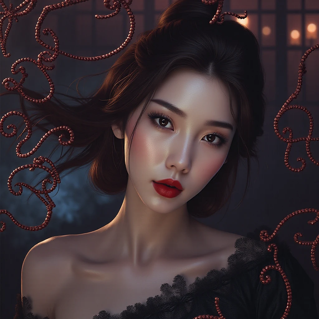 a beautiful female vampire wearing a ((blood stained: 1.5) white Cheongsam: 1.5), an extremely beautiful female vampire, ultra detailed face, blond hair, long hair, wavy hair, dark glamour make up, pale skin, red lips, (glowing red eyes: 1.2), visible (vampiric fangs: 1.2), she wears a ((blood stained white Cheongsam: 1.5)), elegant, intricate detailed Cheongsam, silk Cheongsam, small cleavage, ((Cheongsam is decorated with gems: 1.3)), she wears elegant knee high heeled boots, exquisite knee high heeled boots, there are stains of blood on the upper part of the dress, dynamic background, best details, best quality, highres, ultra wide angle, 16k, [ultra detailed], masterpiece, best quality, (extremely detailed), full body, ultra wide shot, photorealistic, fantasy art, dnd art, rpg art, realistic art, dark novel, Dark Art Painting Style
