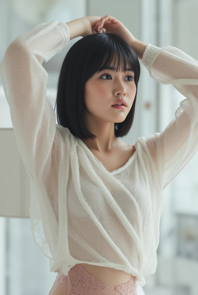 medium shot,living room, japanese lady, pale skin, droopy eyes, 20 year old, bowl cut hair, ((white t-shirts,lowrise blue denim shorts)), ((sitting on the sofa)), high quality:1.3, shoot from below, Professional lighting:2.0 realistic:1.2, 4k resolution, detailed skin, masterpiece:1.1,smile,(tanned skin:1.3),(sunburn tanlines:1.3),(athlete:1.2),(:1.3),(),(model pose),