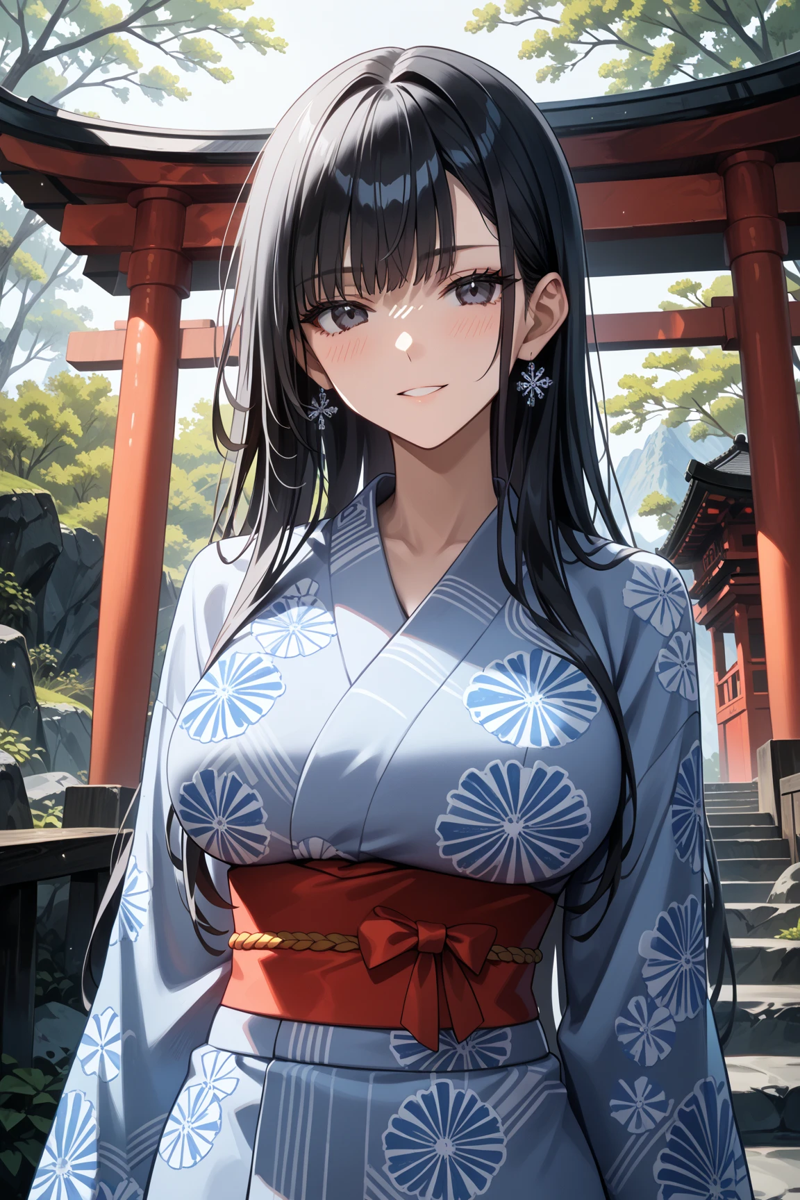 (Masterpiece, Best Quality, ultra detailed, beautiful illustration), (oil painting:1.4), atmospheric perspective, (japanese atmosphere, elaborate atmosphere:1.4), depth of field, looking at the viewer, Beautiful detailed eyes, (good hands, perfect hands, anatomically correct hands),  Retsu Unohana, simple braid, White coat, black kimono, black skirt, mature woman, voluptuous, (huge breasts), (outdoor, japanese shrine, Cherry blossoms), cowboy shot