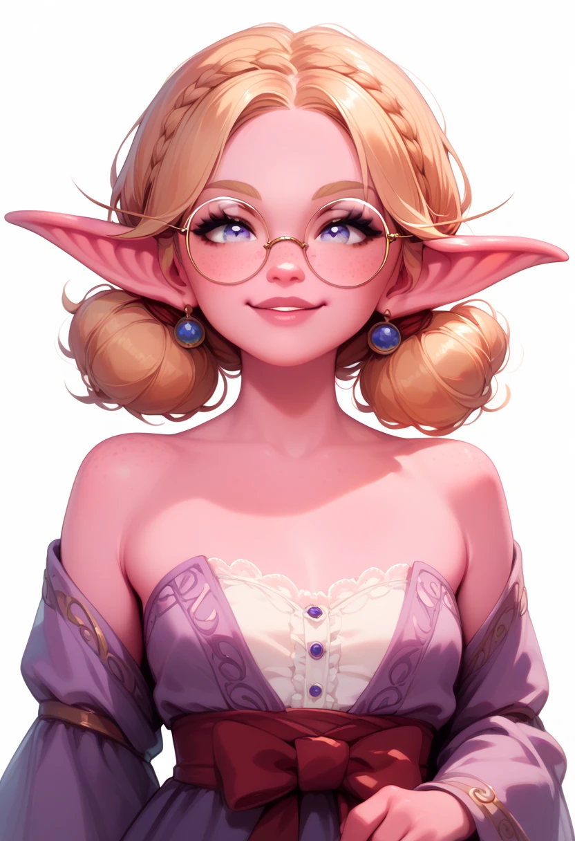 Female, long curly hair, white hair, light blue eyes, peach skin, rosy pink cheeks, rams horns, ram ears, glasses, sweater, , hourglass body, huge , small link lips, freckles, correct , cute, beautiful, human, ram hybrid, anime