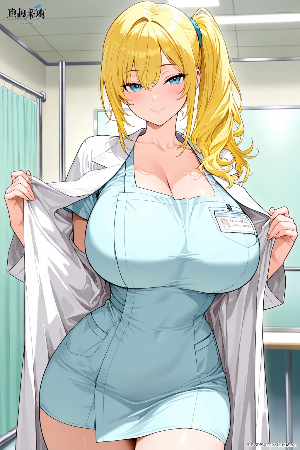 (Highest quality:1.5, High resolution, 超High resolution, 4K, Detailed lighting, Shaders, Perfect Hand ???????), Blonde Straight Hair, ???????????, Nurse uniform, Cleavage, Thighs, smile, throw, Close-up shot, Are standing, Hospital Background