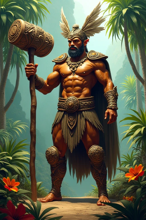 ((best quality)), ((masterpiece)), (detailed), (realistic), male warrior, muscular physique, tribal attire, face paint, wielding spear, (jungle:1.3), dense foliage, exotic plants, dappled sunlight, (hyperrealistic:1.2), oil painting, (Frank Frazetta:1.1), DeviantArt influence, dynamic action pose, (intense expression:1.2), (portrait shot:1.1), 8k resolution