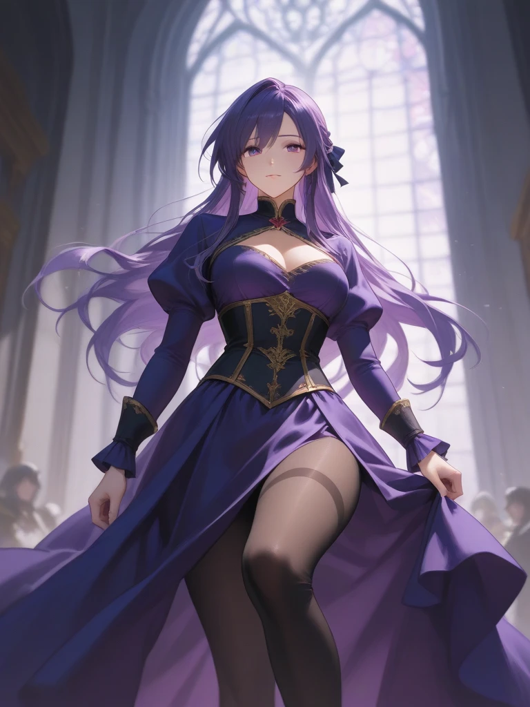 Character expressions: firm, decisive, sharp eyes.
Hairstyle and color: purple curly hair, coiled behind the head, looks very elegant, and slightly elegant.
Clothing style and color: Deep purple battle robe, the robe is scattered to the feet, and the cuffs are depicted with white stars, showing a feeling of starry light in the firmament.
Accessories on the figure: A string of star-sparkling silver chains is worn on her wrist, and silver stud earrings loom in her curly hair.
Character pose: Wearing a war robe, standing above the head of the city, leaning on the pillar with his left hand and a long sword in his right hand, standing in the wind, awe-inspiring.
Location: On the war-torn city wall, under the city tower is a steaming smoke.
Atmosphere: war, tension
Environmental characteristics: The iron riding above the head of the city is empty, and the sword light and shadow are tense and exciting.
Ambient time: Dusk