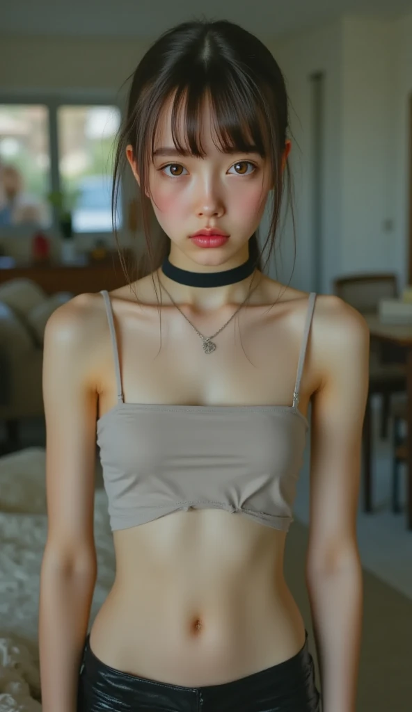 8K, RAW Photos, Fujifilm, ((Highest quality)), ((masterpiece)), (detailed), ((in the gym storeroom )),長い髪と白いトップを持つアラフェアジア人woman, 美しい韓国人woman, 美しい若い韓国人woman, Young and adorable Korean face, ゴージャスな若い韓国人woman, Korean Girls, Girl cute beautiful face, 韓国のwomanアイドルの肖像, Young and pretty Asian face, Cute natural anime face,Asian pretty face,((glistening eyes)),(()),(detailed),Perfect Face,((One girl)), ((clear eyes)),(scrawny：weight1.0〜2.0)iris, Elevation, space, (Natural Light), Dramatic lighting, Chiaroscuro, Emotional depth,woman,(()),((show off )), ((flat chest:1.4)),,slender, (a short bob),(well-groomed hair),delicate,Small breasts,((Small breasts)),the body is slender,Beauty,Beauty,4K quality,Young face,Big eyes,Brown eyes,Perfect Face, 17years old,breasts are very small,Model Body Type,Cute Face,Pink ,Symmetrical eyes,Glowing eyes,Natural smile,((Always show your boobs)),((Gaunt)),beautiful,((a short bob)), ((half body)),(  models hoot style),((intricate choker necklace)), (embarrassed blush:1.3),,(steam:0.8),(wet:0.8),(sweat:0.8),(trembling:1.3),(parted lips:1.4),(harf open eyes:1.6),(feeling weak:1.5), (lips),(intricate earrings),(()),((woman posing for a photo)),Photo from the waist up, Fine-boned face