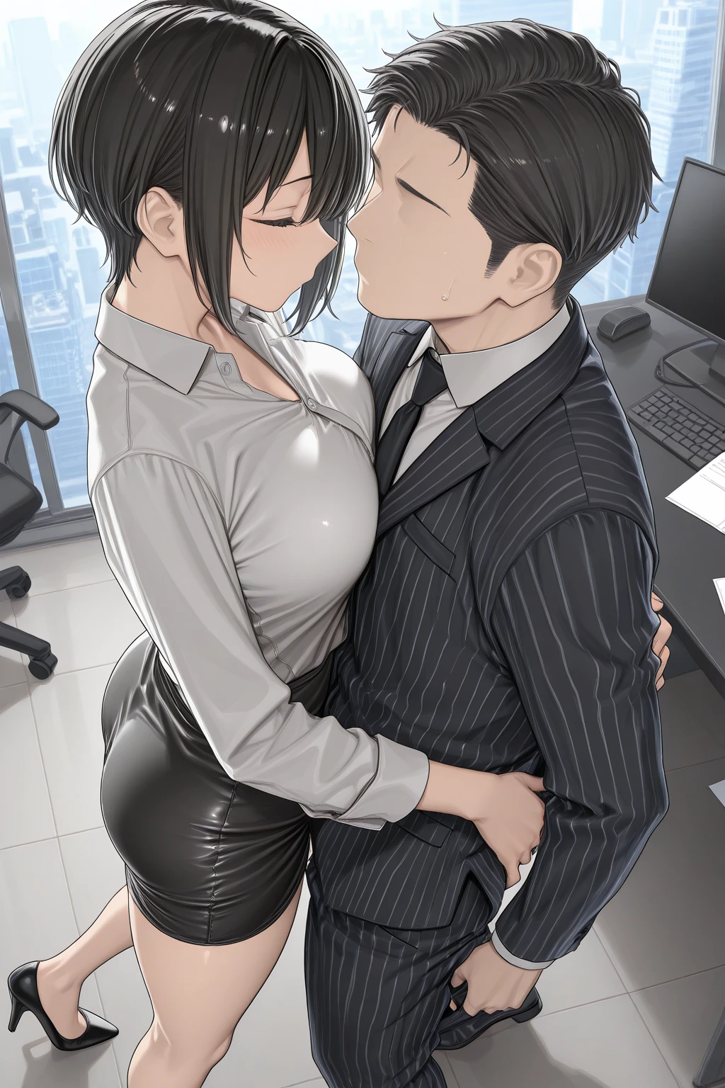 A jaded 25-year-old Asian office worker in athleisure clothing having suspended  with an innocent and nerdy dude