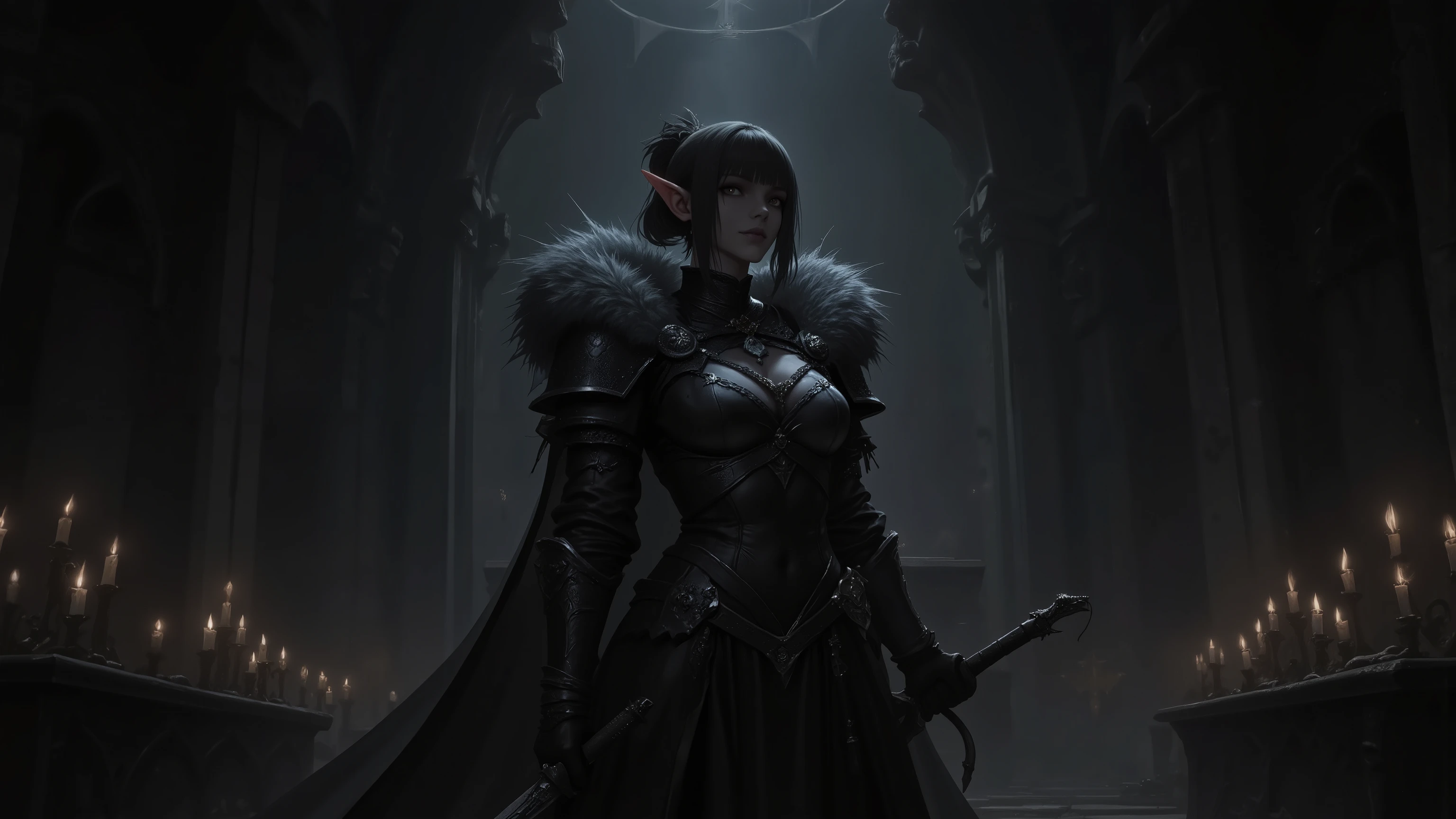 "Moonlit Shadows: The Elven Rogue," (((ONE Female Drow Elf))), with shaded charcoal gray skin. She possesses an (((athletic fit body, well-toned and exuding strength))). Her (((short dark black pixie cut hair))) adds a touch of boldness. (((Clad in tight full-body black leather armor, including black dragon scale pauldrons, armguards, breastplate, and shin guards, she emanates readiness and stealth.))) (((A black leather corset with silver accents complements her attire, along with tight leather pants.))) Silver weapons are her chosen tools, her primary weapon is a silver katana, combining elegance and lethal precision. Set in a nighttime dungeon, the pale moon's glow creates a gothic ambiance. Her deep dark green eyes captivate, while nose and eyebrow piercings accentuate her allure. Scars across her lip, nose, and eyebrow hint at a turbulent past, adding depth to her character.cinematic lighting, ray tracing, reflection light, cinematic lighting, ray tracing, reflection light, UHD, masterpiece, anatomically correct, textured skin, super detail, high details, high quality, award winning, best quality, highres, 16k, UHD, masterpiece, ccurate, anatomically correct, textured skin, super detail, high details, high quality, award winning, best quality, highres, 16k Render the character in full perspective, highlighting her ((fangs))), pointy ears, and multicolored hair. The wet look and pixie cut incorporate black and silver with a gradient effect. Utilize cinematic lighting techniques, including ray tracing and reflection lights, for atmospheric allure. Strive for ultra-high definition (UHD) quality, delivering a 16K masterpiece with anatomically correct, textured skin and super detail. (((Single Person)), (((ONE CHARACTER)))