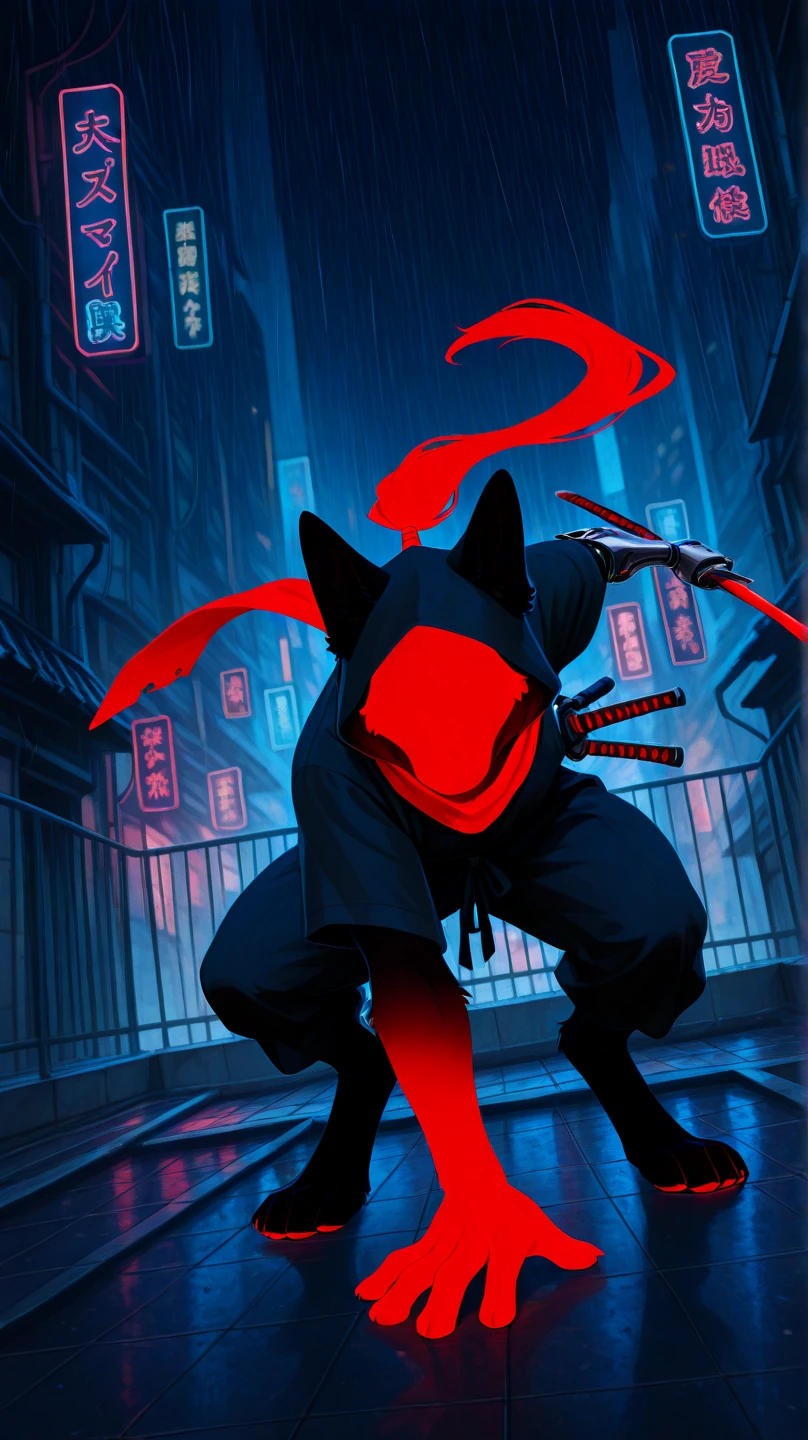 Telegram channel logo for music. Black background , red moon on a black background,a masked ninja stands against the background of the moon,stands exactly,belted katana, Looking Ahead,in black anime style.