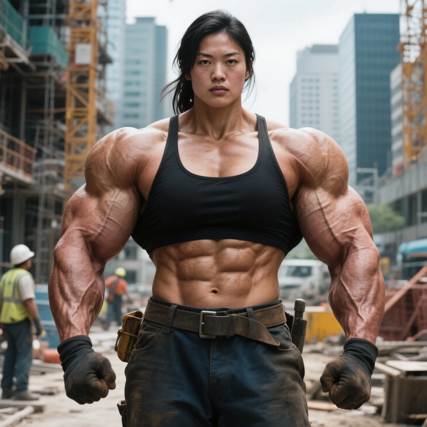 (Best quality,8K,ultra high res:1.5),(very beautiful pretty long straight hair korean actress girl),(Huge breasts:1.40),(very voluptuous body),(body builder girl:1.5),(wide muscle:1.8),(very light black hair),(moles),(happy smile  expression),(eyes to camera),(sexy thighs),(cover:1.8),(top view),(clothes:1.60),(back side view)