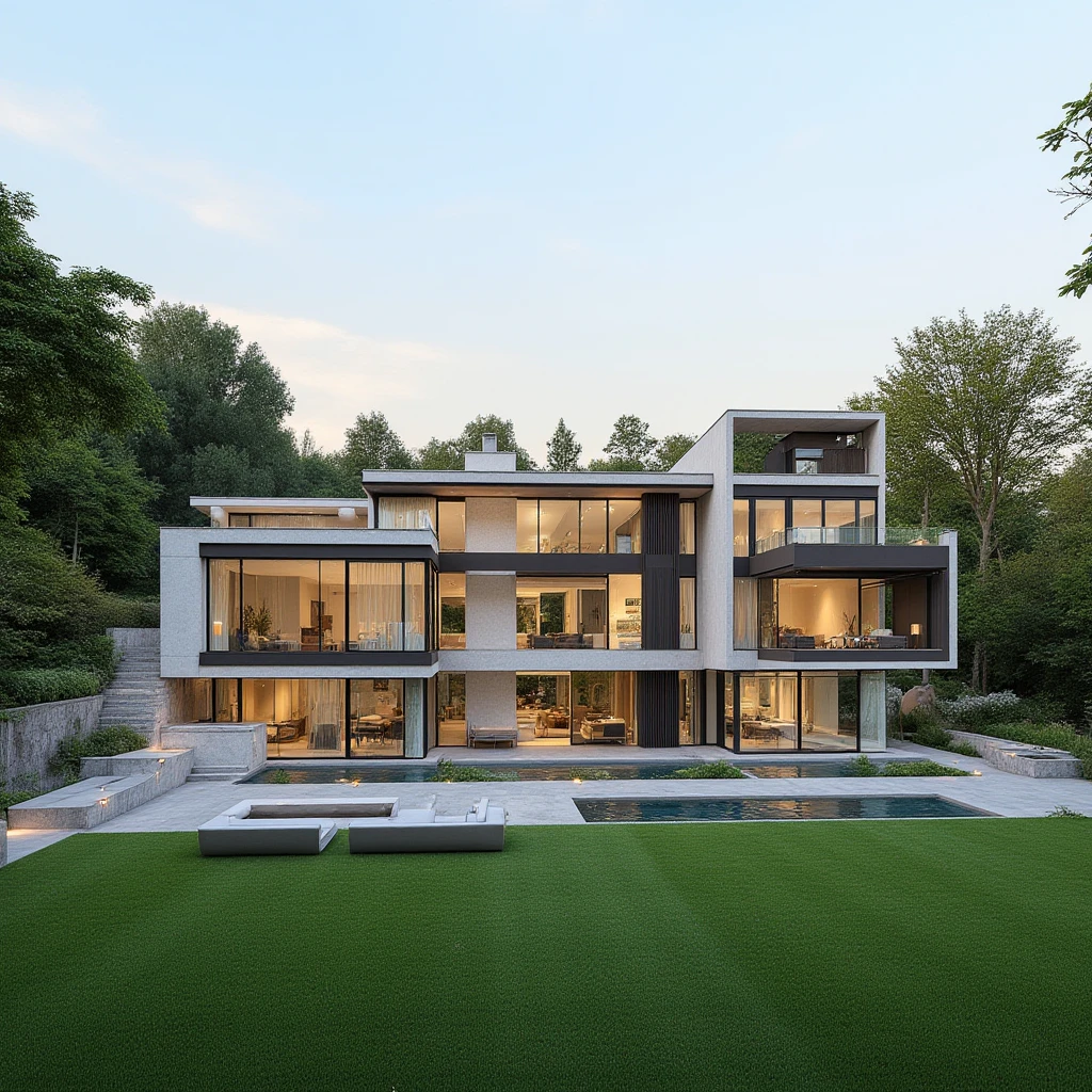 (masterpiece),(high quality), best quality, real,(realistic), super detailed, (full detail),(4k),8k,modern house exterior design,Modern architecture,Beautiful_sky,Day light, no_humans, outdoors,sky,tree,Garden flower front of building