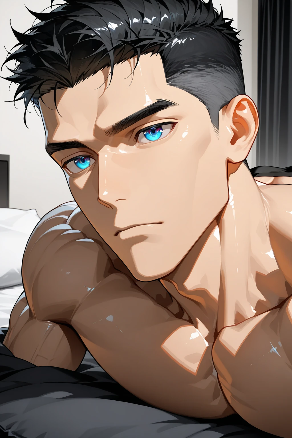 close-up on the face of a handsome and sensual young 18-year-old male, athletic body, spiky black hair, blue eyes with star-shaped pupils, white jacket with gold details,  under the jacket, black pants with gold details.  In the bedroom.