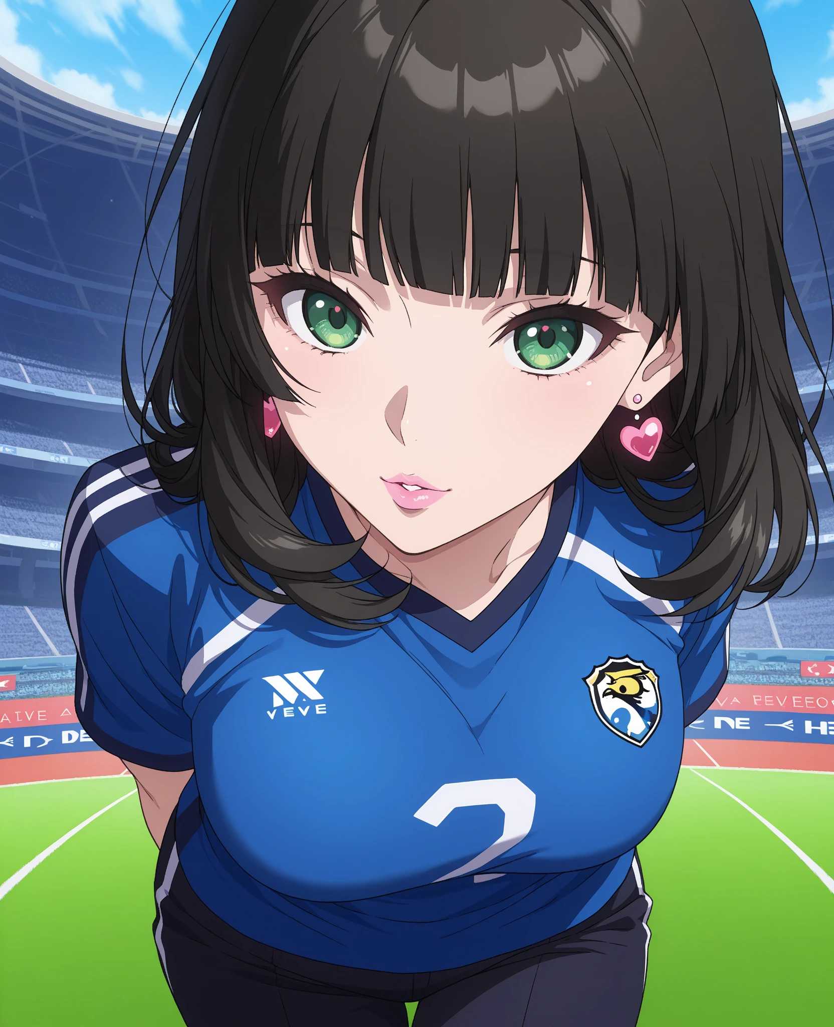 (anime ,2D) a female soccer player of average height ,clear skin,thin face ,serious expression,blue eyes,waist-length black hair ,fringe,collected in a ponytail,Skinny body,big breasts,small waist, France national team uniform, In a soccer field ,kicking a ball with a super technique.