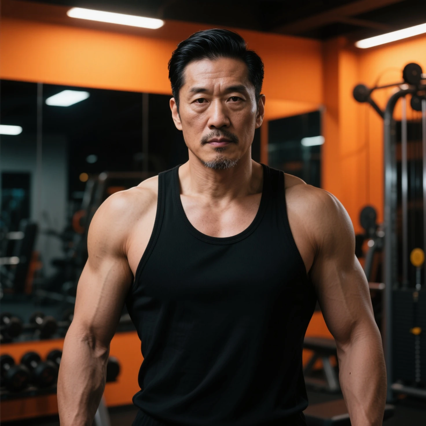 at club locker room, baseball uniform, Japanese man, Chinese man, Korean man, Taiwanese man, Mongolian man, manly face, fat face, round face, single eyelid, very short hair, crew cut, buzz cut, very large and strong body, bulging muscles, muscular, very large pectoral muscles, very sexy abs, muscular legs, muscular back, toned figure, brightens oily skin, long shot, wide shot