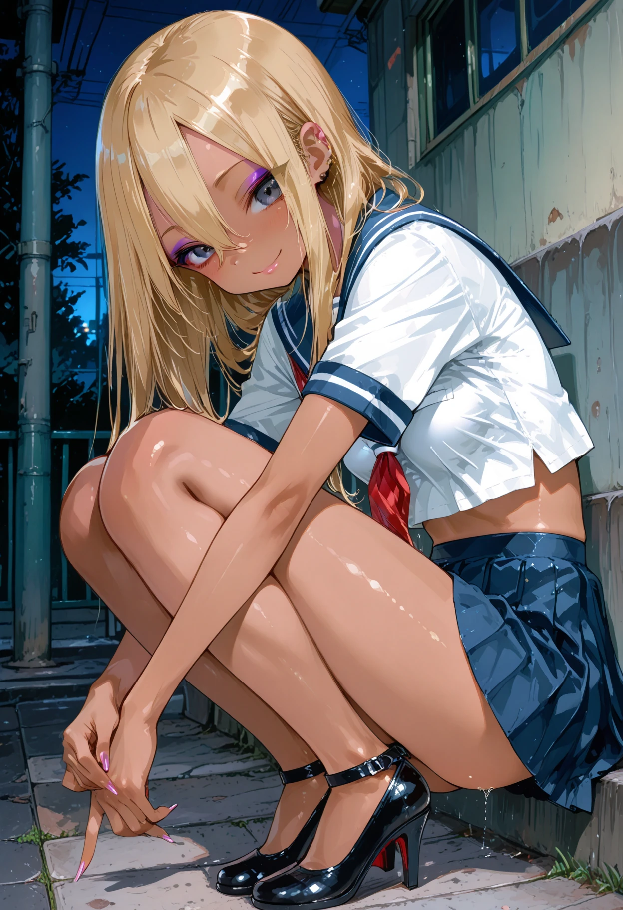 High resolution, Beautiful woman, High detail, Good lighting, , transformation, (((Perfect 、Anatomically correct、Highly detailed skin)))、Visible 、（White sailor suit、Navy blue pleated skirt）, (((Be incontinent))), (((Peeing))), (((Peeing on your own))), ( running down my legs),  stains, (puddle), (Thick thighs), Nice long legs, lipstick, Detailed face, Pretty face, Embarrassed and blushing face, Humiliated, ((Spread your legs)), (squat), Small breasts、（short hair、Bobcut、Blonde）、School rooftop