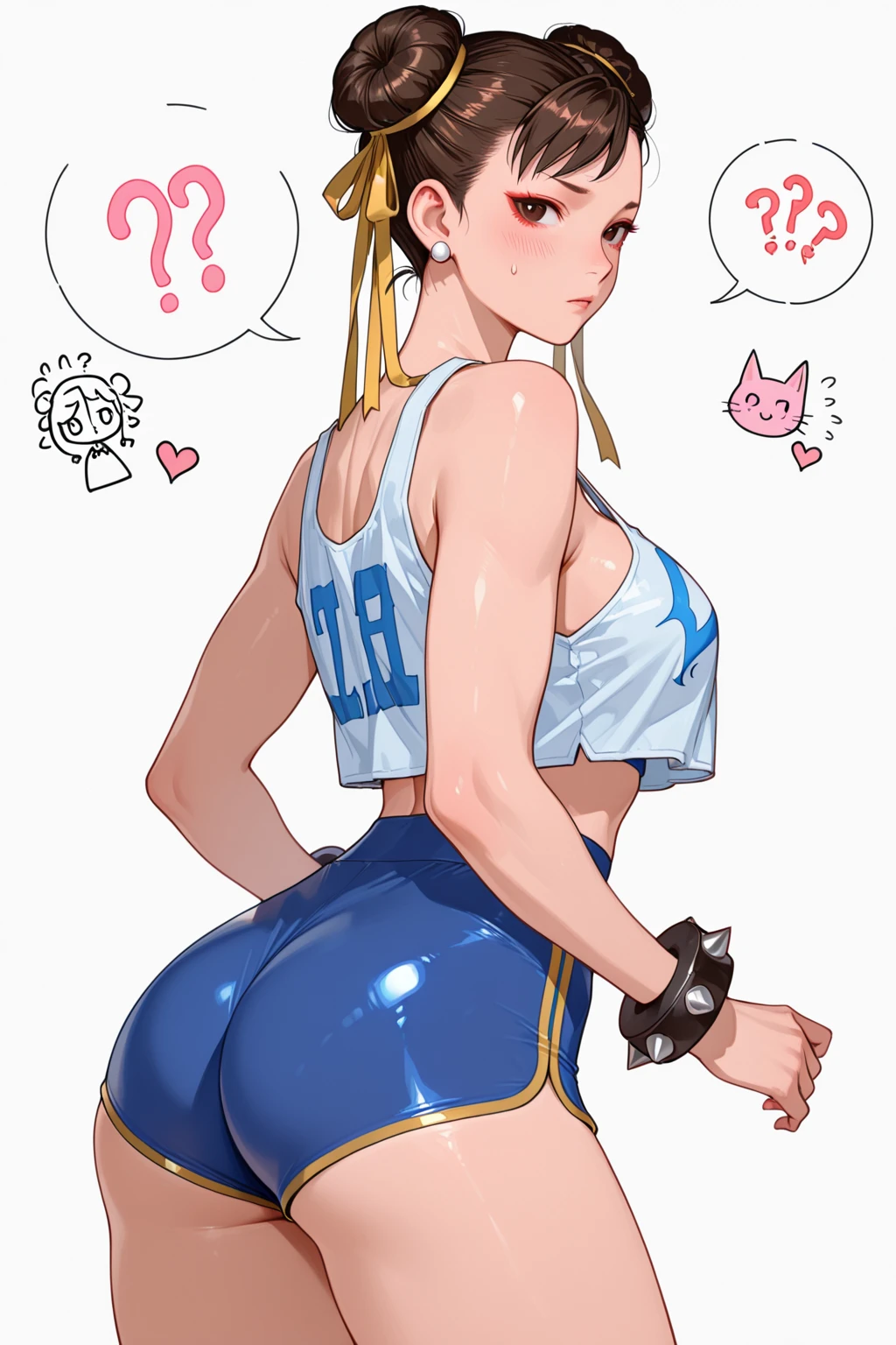 Solo, femboy, male boy, cute boy, japanese school white sailor summer uniform, dark brown bike shorts, shiny brown spats, brown short spandex, wet clothing, short height, stocky body, big butt, wide hips, plump thighs, bottom heavy, slim belly, flat chest, small bulge, short brown hair, big hazel eyes, fair skin, smug face, bratty expression, red cheeks, sweaty, masterpiece, varied perspective, dynamic view, comic panels, multiple pictures