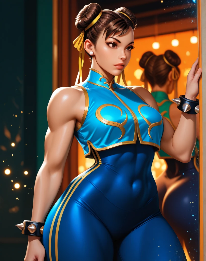 Chun Li (smiling) Street Fighter wearing ripped lowrider jeans and a crop top, art by Artgerm, anime full-body portrait of a model ((HH-size breasts, very Thick thighs, athletic build, feminine form, lythe body, black hair, twin buns, 20 years old, youthful face, cleavage)) wearing a crop top, wearing ripped lowrider jeans, cheerful smile, 4k, beautiful woman with soft blue eyes, key light reflected in the eyes, doing a leg split on the matt for the camera, painted background, studio portrait, soft light, bezel lighting, shimmer in the eyes, bokeh background, picturesque, 8K, HDR, RGB, Ultra-HD