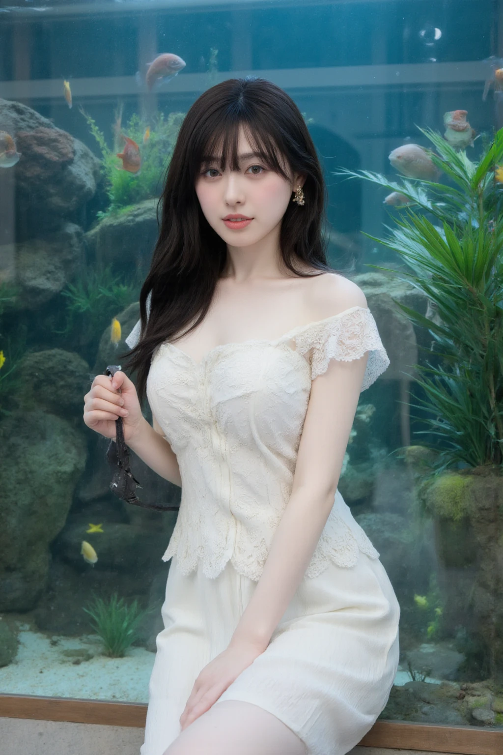 Beautiful woman wearing a white blue Wearing elegan style clothes mini dress with decorations on the shirt and visible shoulders and wearing boots and being photographed with a background And was in a cave filled with shiny and beautiful crystals ,Korean style swag, beautiful face so gorgeous, Beautiful eyes, y2k style, 