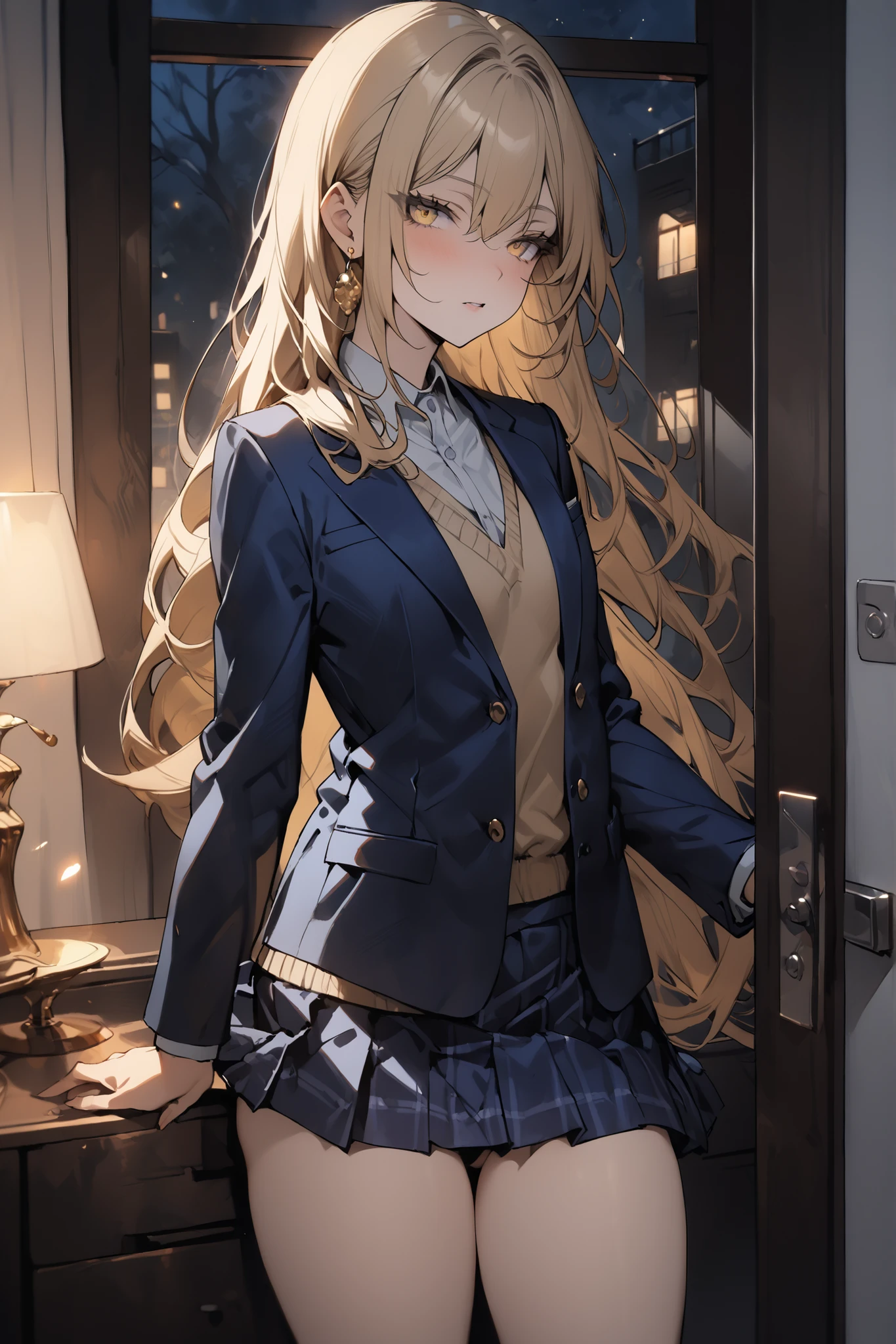 masterpiece, best detail ,(distinct_image), extreme  cg,
delicate beautiful woman, (large breast, blond hair,  glasses, dressing suit  ),looking looking up from intersection,
building, decollate skyscraper,  tower,  clock tower,  stacking,  skyline, 
, from below,  upper body, 
cloudy night sky, moonlight,  cold lighting