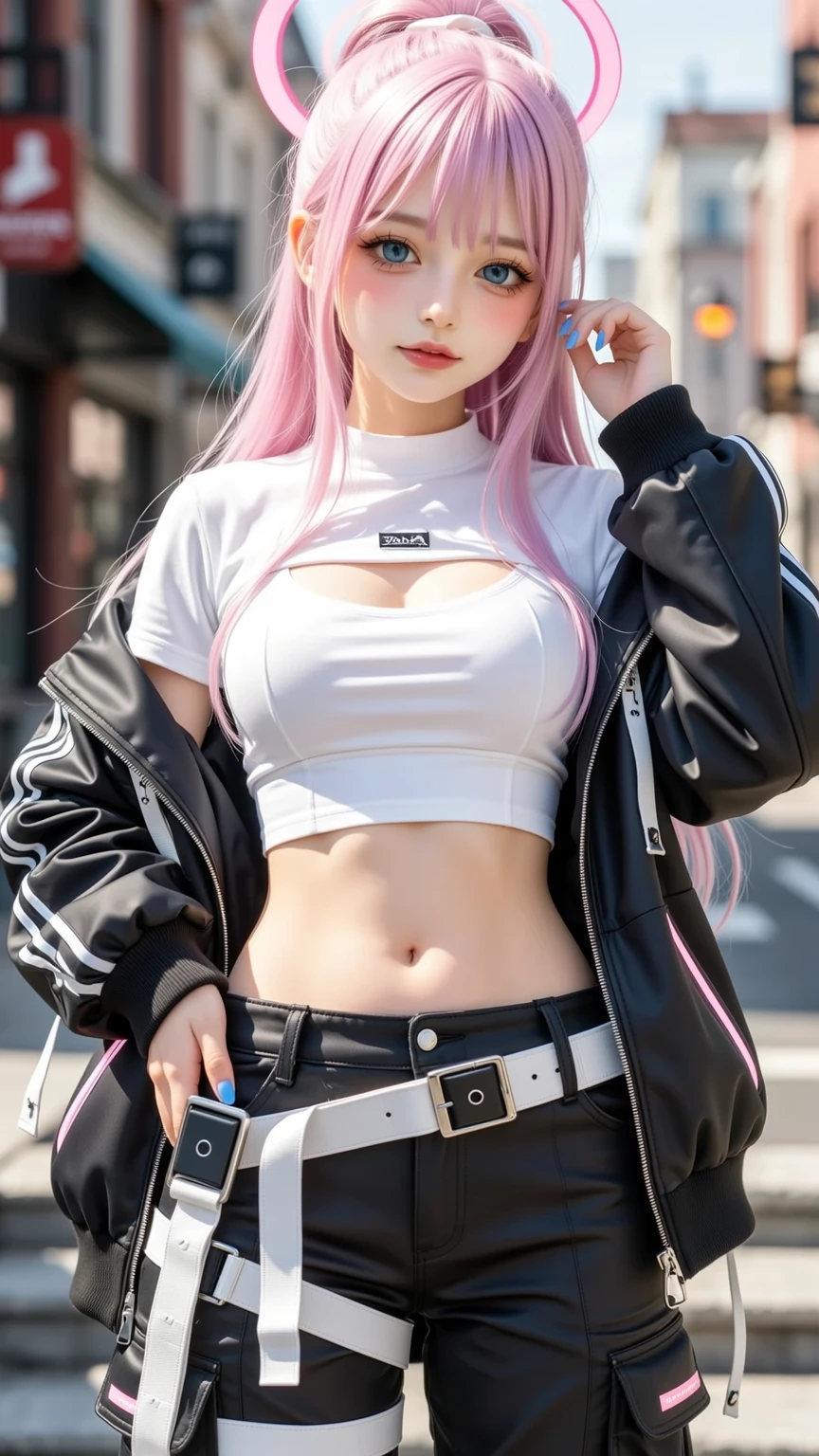 1girl, white hair, red eyes, navel, looking at viewer, hand on hip, black jacket, dolphin shorts, groin, (white shirt:1.2), braid, very long hair, wide hips, 
underboob, shirt, 
big\(BodyProportions\),
