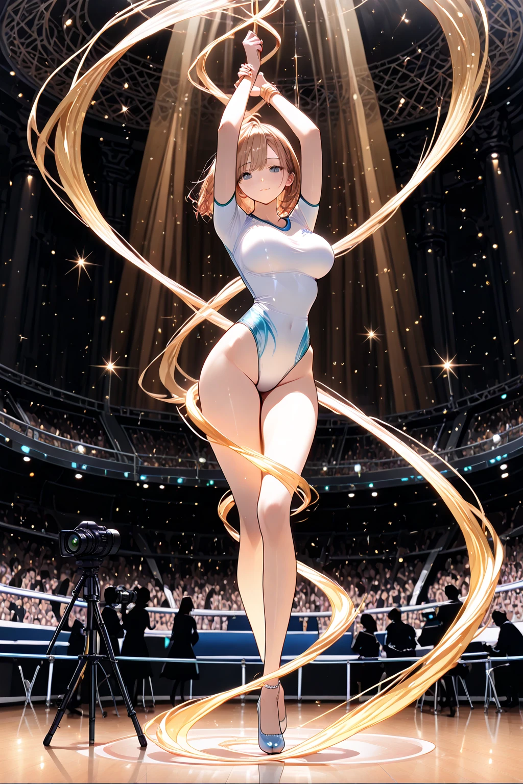 1girl, pretty face, blunt bangs, Long hair, drill hair, twin drills, blonde hair, shiny hair, glow eyes, jitome, brown eyes, tsurime, white skin, huge breasts, Short body, White leotard, , , indoor stadium, rhythmic sports gymnastics,