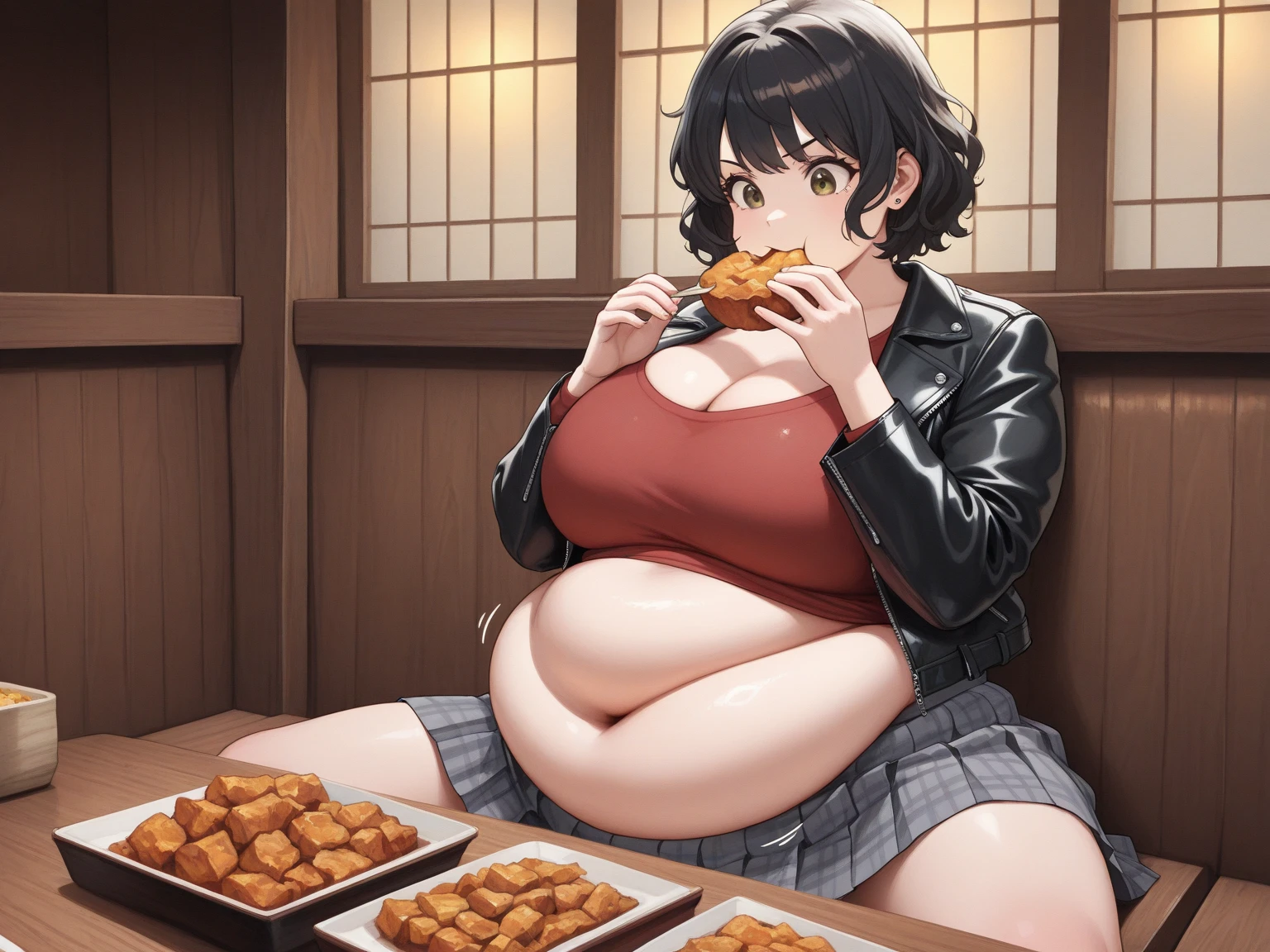 anime girl eating pizza on a red couch with a plant in the background, eating pizza, eating a pizza, munching pizza, hair ornament,  anime girl, detailed artwork, [ 4 k digital art ]!!, curvy, cleavage, thighs, tummy bulge, pudgy belly, greasy skin, low hanging black jacket, twin tails, black hair