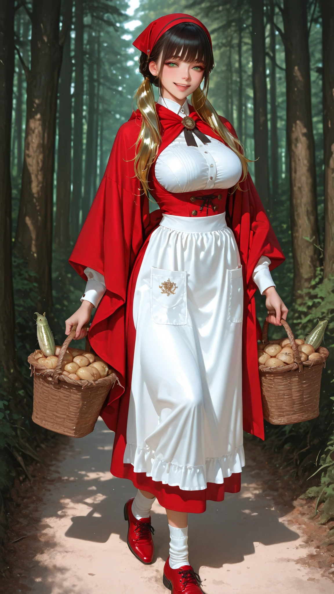 4K, Realistic,Very detailed,Big Breasts、Age 25、smile、(Little Red Riding Hood)、(Medieval clothing)、(mini skirt)、Thigh-high stockings、(Carrying a basket of bread and wine)、in the forest、((Delicate painting))，(Detailed RAW photos of girls), (Masterpiece:1.25), (Highest quality:1.6), (Ultra-high resolution:1.5), (Realistic:1.75), 8K resolution,:1.6),  Canon EOS R5, 50mm,Very detailedな,Cinema Lighting