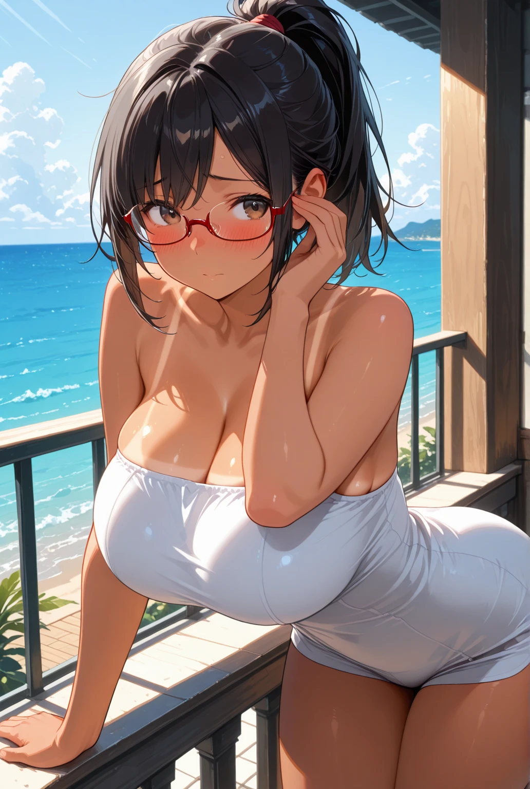 ((masterpiece)), ((best quality)), (ultra-detailed), ((kawaii)), cute, (lovely), ((extremely detailed)), 4K, (8K), best quality, (beautiful), anime style, upper body, standing in the sea, focus on the face, full body focus, ocean, beach, beautiful sky, daytime, summer, a cute girl, 1girl, solo, micro-??????, (((???????))), beautiful dark brown hair, beautiful purple eyes, ((beautiful eyes)), white-skinned, ponytail, large ??????, glasses, earrings, grin, lens flare, shiny-glistening, gleaming, wetted by water