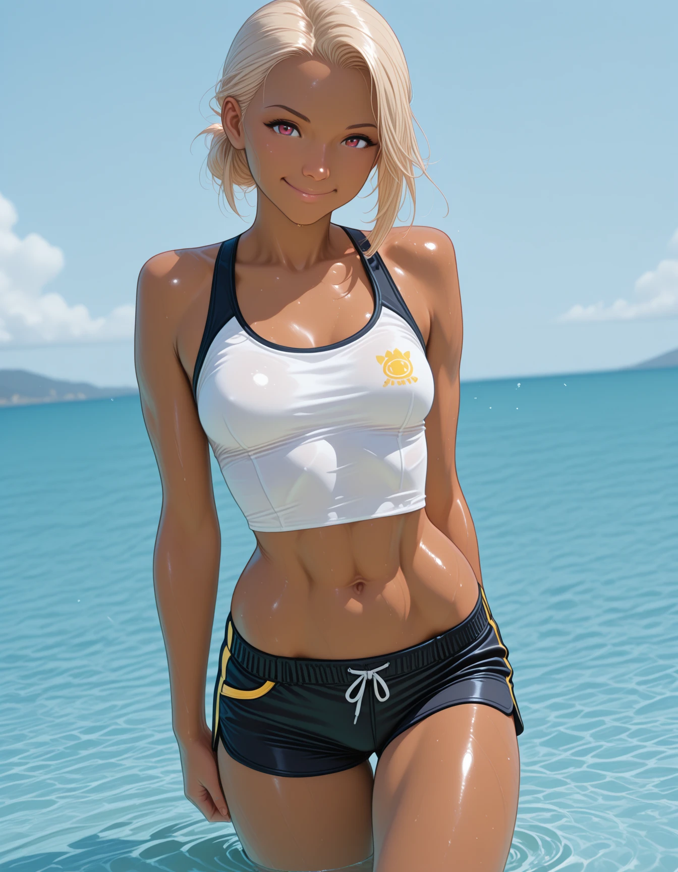 Photorealistic Grace Kelly, detailed short messy blonde hair, mid shot, Detailed skin, detailed body, muscular, solo, wearing tiny , huge breasts, thick thighs, wide hips, muscular arms, large bulging veins on body, veins, muscle vein, split abs, thick thighs, blue eyes, Natural Skin Texture, skin detail, shiny skin, shiny glossy skin, WET skin, wet body, glossy skin, oily skin, Mediterranean tan, high contrast, realistic skin, skin pores, intricate detail, high contrast, realistic skin, skin pores, intricate detail, raw photo, mature female, glossy lips, luscious lips, pretty nose, lifelike rendering, immersive atmosphere, chiaroscuro, moody lighting, perfect female body, realistic skin, skin pores, at an expensive private swimming pool in Brazil