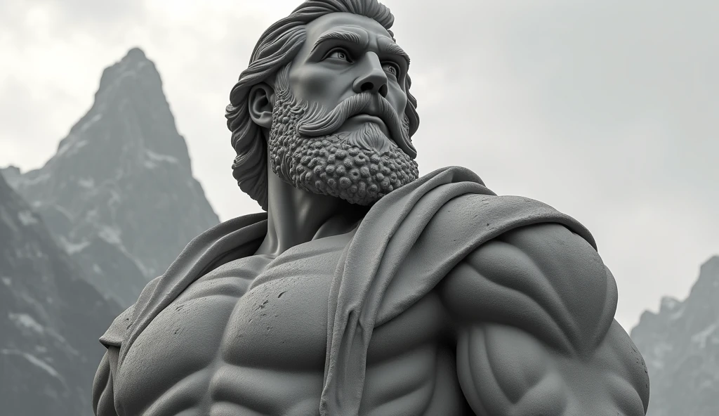 (a majestic,masterpiece:1.2),detailed marble sculpture of Zeus, defined muscles,wise expression,illuminated by highlighting lights, on a dark background