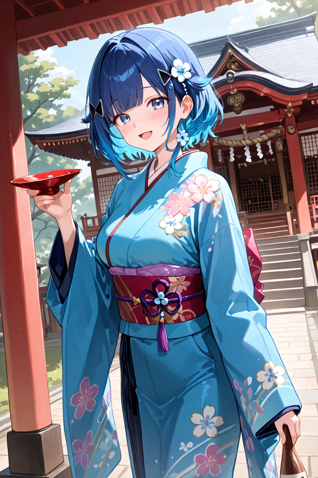 Girl wearing a collar ,Long-sleeved kimono,Dynamic Angles,A troubled smile,Embarrassed expression,Red cheeks,Blue Hair,Pink eyes,Canine,Sticking out  